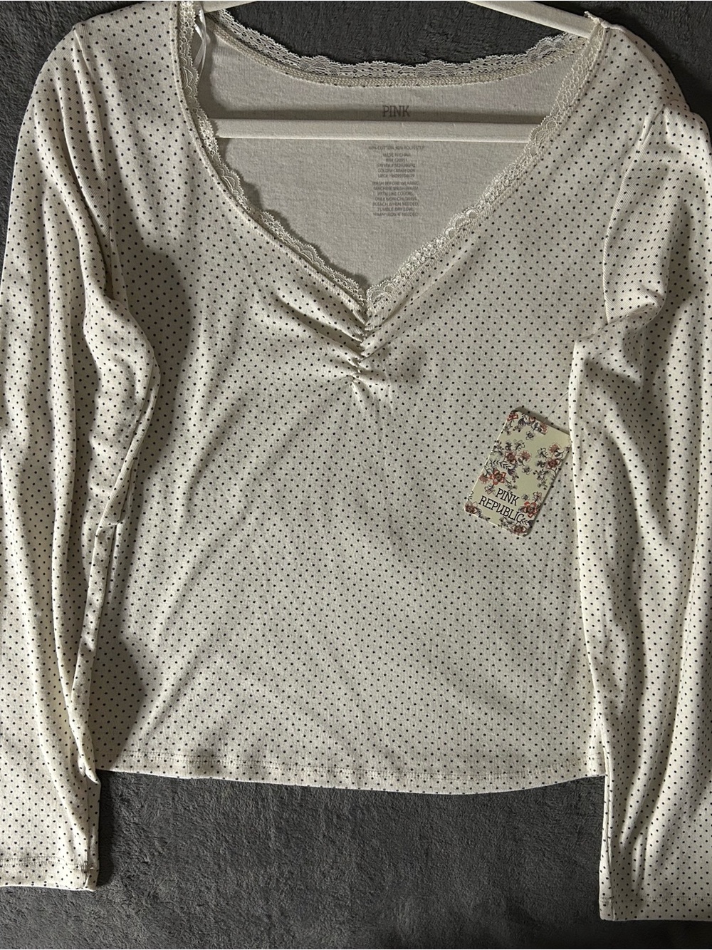 Pink Republic Cream Long-Sleeve Polka Dot Lace-Trim Top